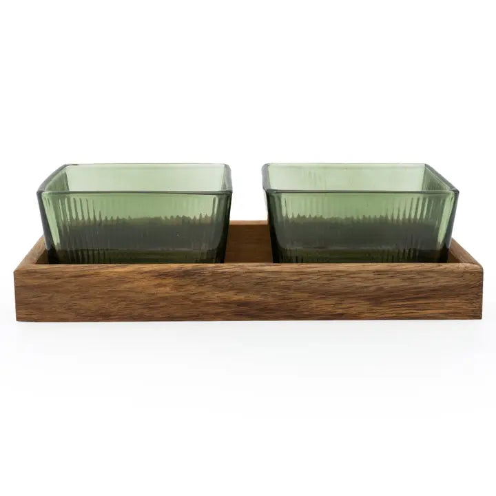 Green Glass Dip Set with Wooden Base