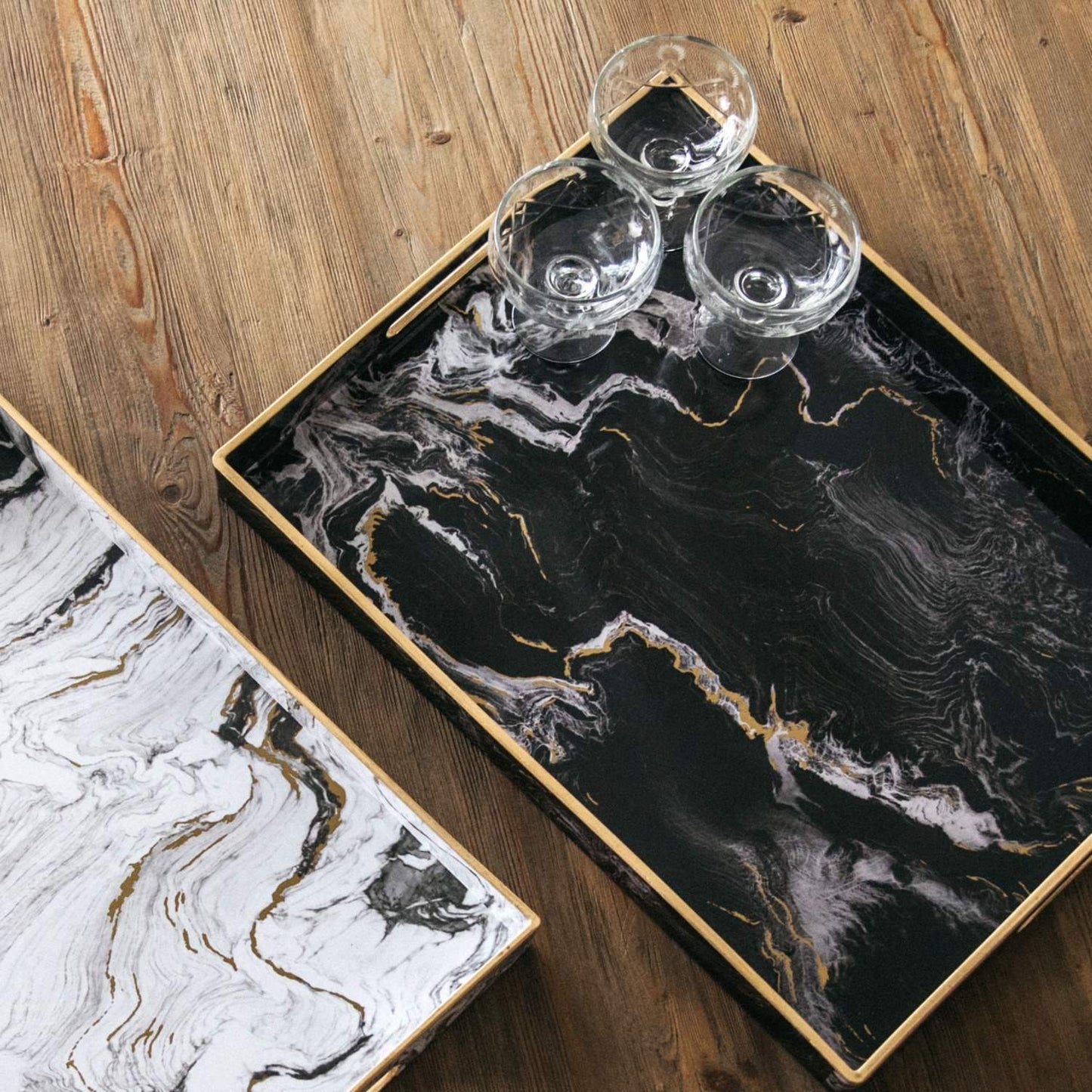 Marble Effect Black Tray, L