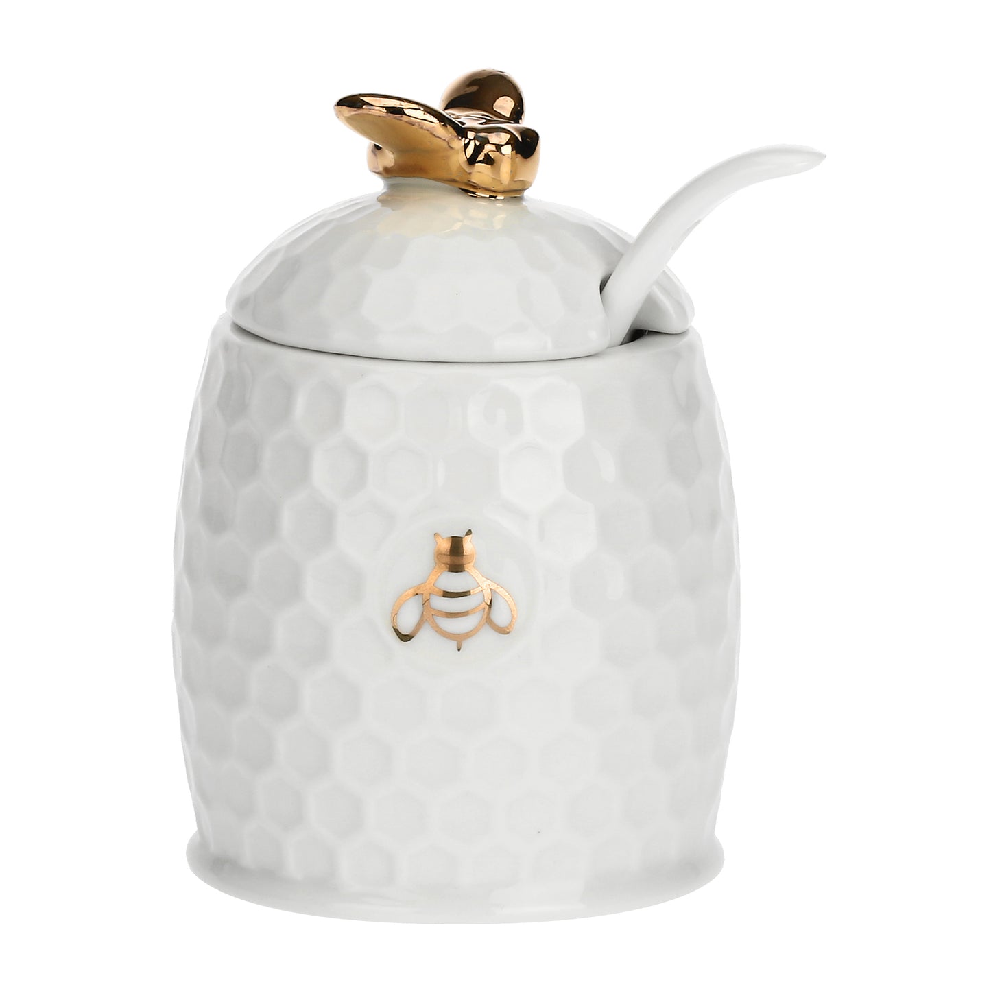 White and Gold Honey Jar with Spoon