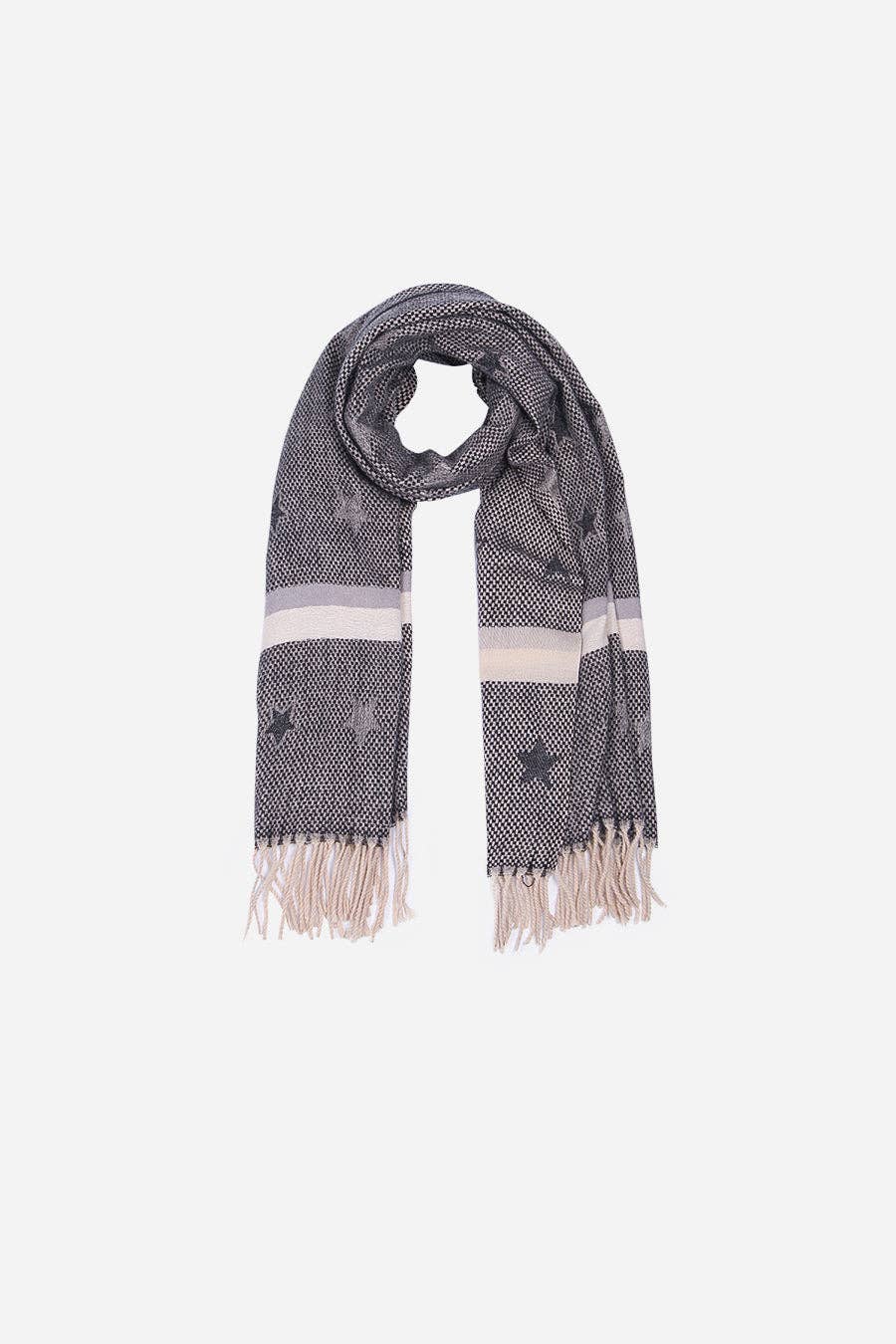 Grey White Star and Stripe Tasselled Blanket Scarf
