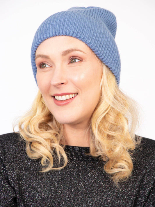 Blue Ribbed Beanie Hat