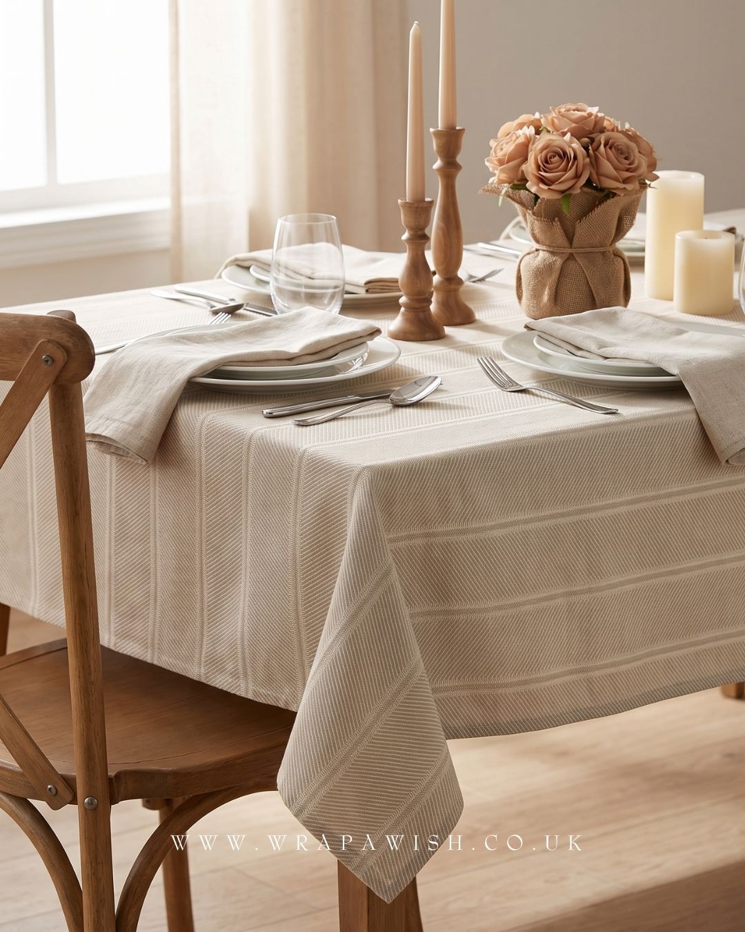 Striped Herringbone Tablecloth, Beige