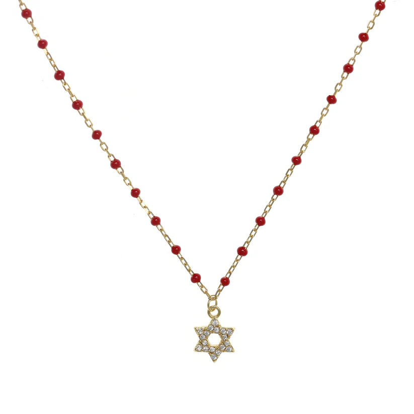 Red Beaded Star of David Necklace