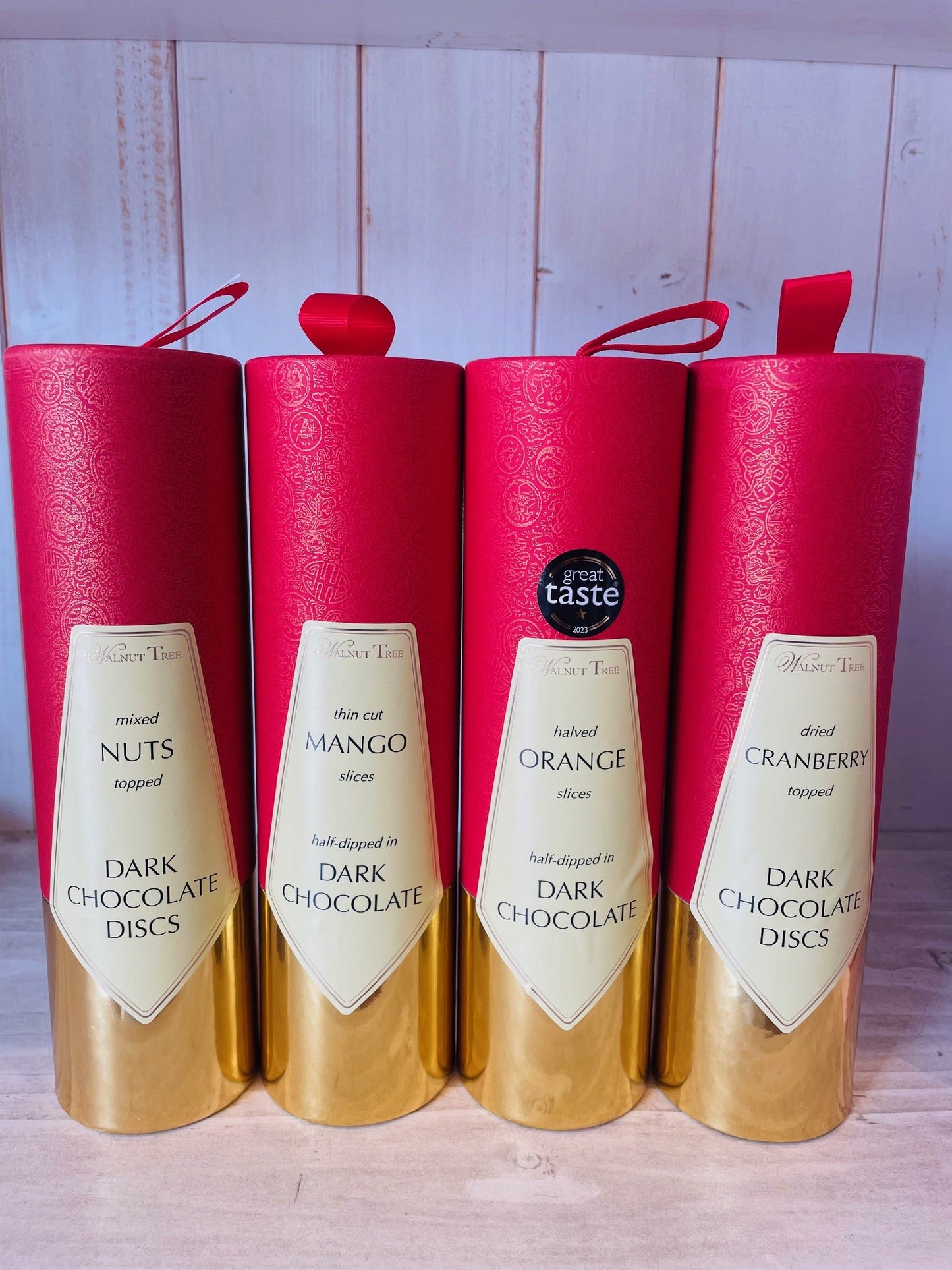 Walnut Tree Scroll, Cranberries on Rich Dark Chocolate Discs