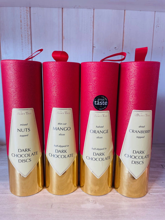 Walnut Tree Scroll, Cranberries on Rich Dark Chocolate Discs