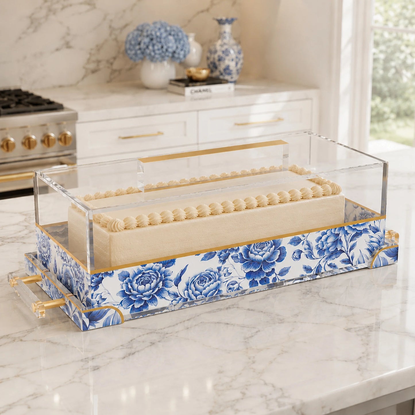 Blue Floral Cake Log Holder and Tray