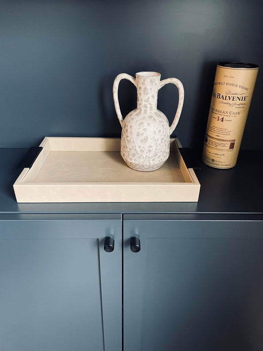 Faux Leather Taupe Tray with Black Handles
