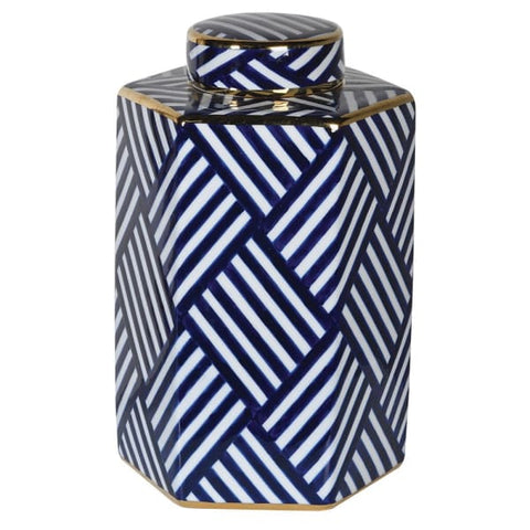 Blue and White Striped Jar with Lid
